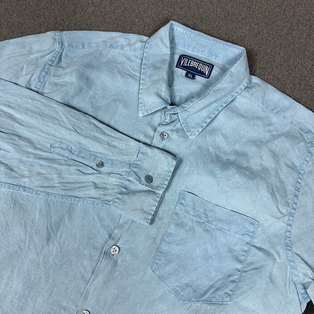 Vilebrequin Mens XL 100% Linen Button Up Shirt Light Blue Long Sleeve Turtle